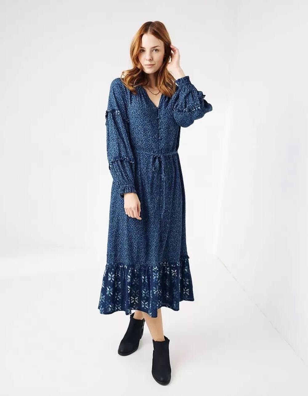 Fat Face Cora Blue Indigo Floral Size 14 Tiered Long Sleeve Woodblock Midi Dress